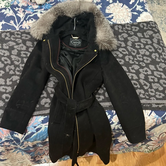 1 Madison Black Wool Wrap Coat with Detachable Fox Fur Trim - Picture 4 of 12